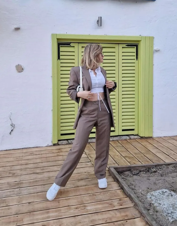 brown trouser suit for women casual elegant look white cropped top sneakers
