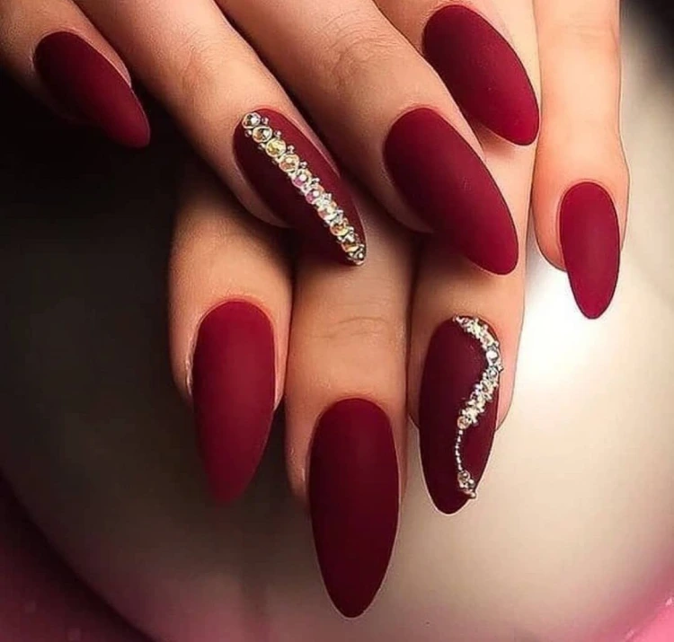 burgundy matte nails with rhinestones