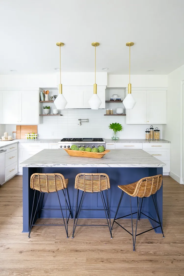 california cool kitchen cobalt blue center piece island gold accents white cabinets