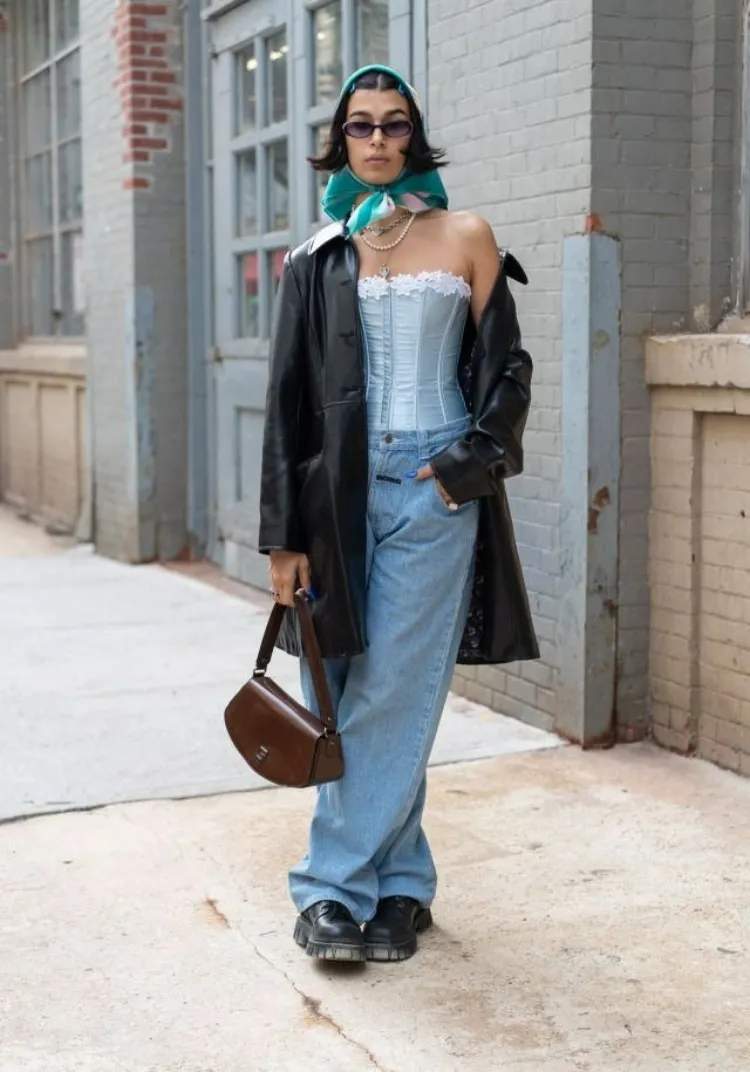 casual street style vintage baby blue corset long black leather coat headscarf sunglasses outfit ideas