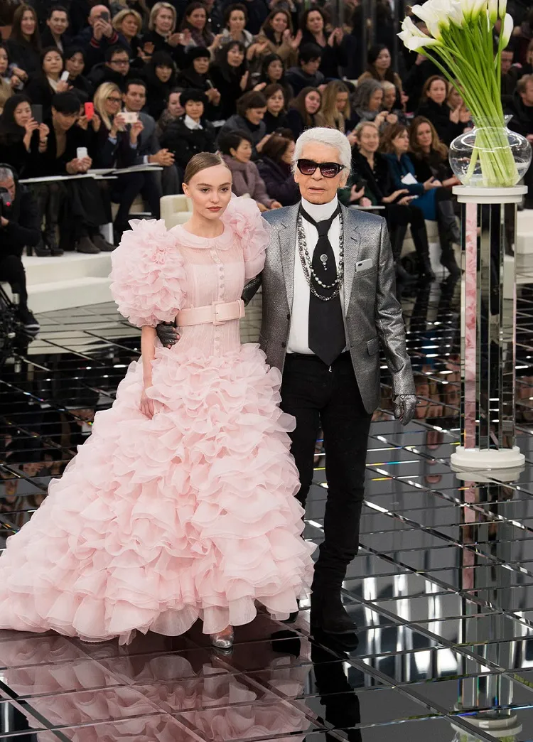 chanel karl lagerfeld iconic pink dress lily rose depp couture fashion show models