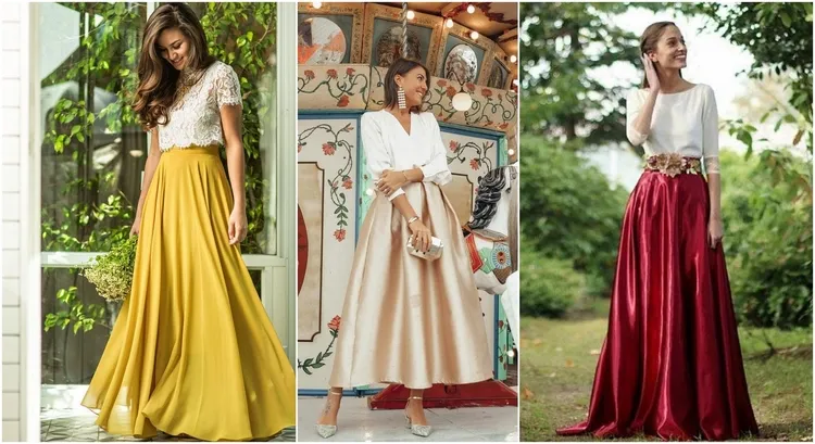 chic wedding guest outfits tops and long skirt women over 50 ideas