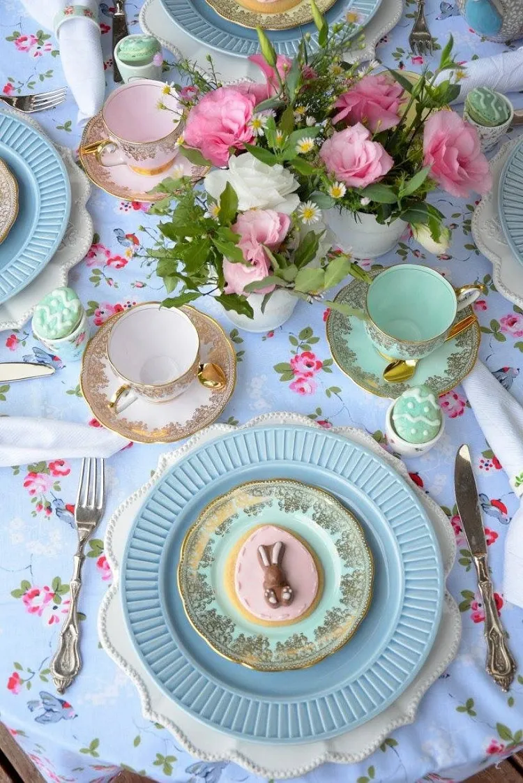classy blue gold vintage easter table setting spring 2023 tablescape