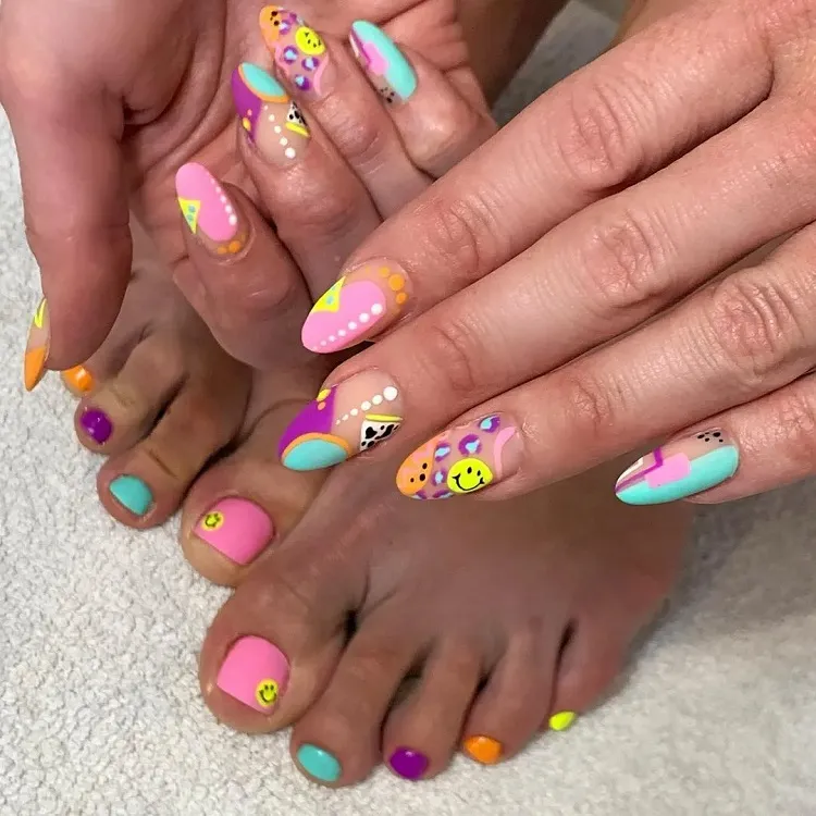 colorful mix and match matte fun summer matching manicure pedicure design ideas