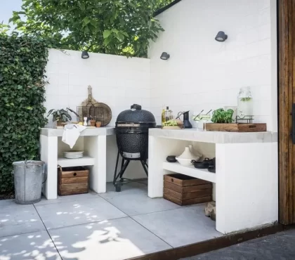 contemporary boho all white tile granite small garden kitchen design ideas