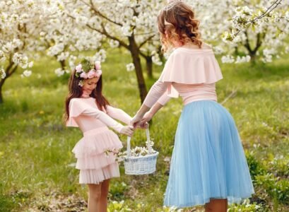 cute and stylish family in a spring park