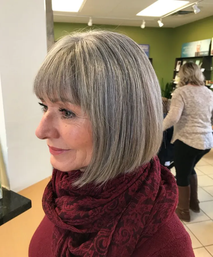 dark gray balayage idea for short hairs with bangs mature women over 50 how to color your hair