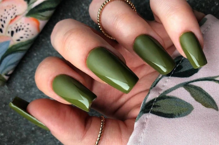 dark green matte and glossy long square nails