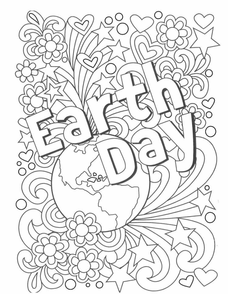 earth day coloring page lettering planet abstract flowers greenery