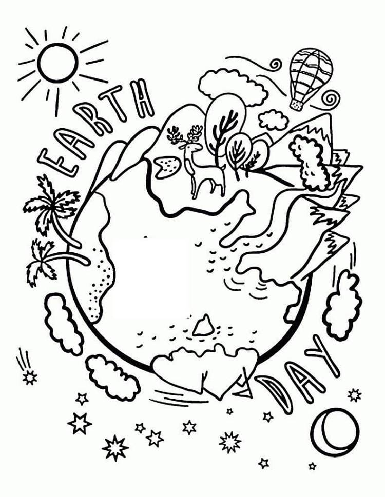earth day coloring page planet clouds lettering