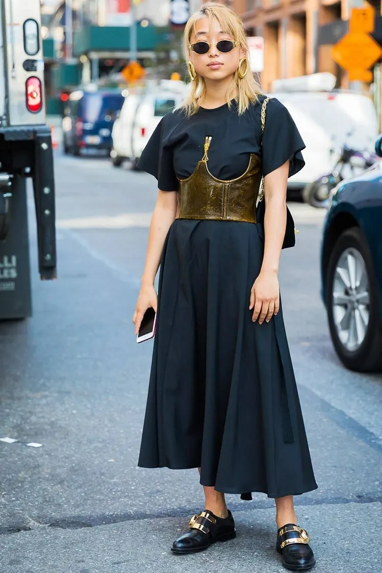 faux leather corset outfit cotton flannel long black dress sunglasses street style