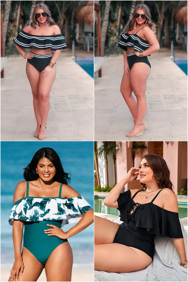 off the shoulder swimsuit with ruffles flattering swimsuits for women with big hips