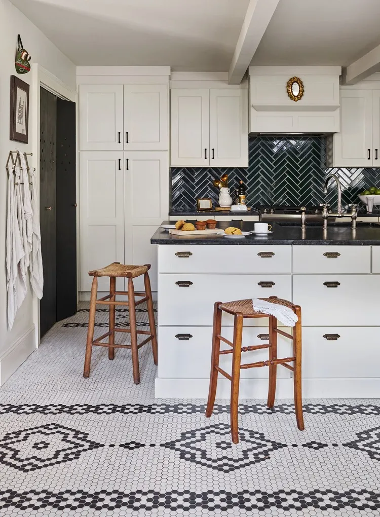 floor hexagon tiles mosaic black and white california cool kitchen wooden chairs vinatge aesthetic
