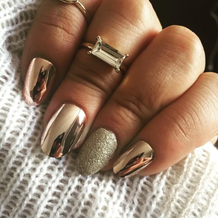 gold mirror nail design and glitter