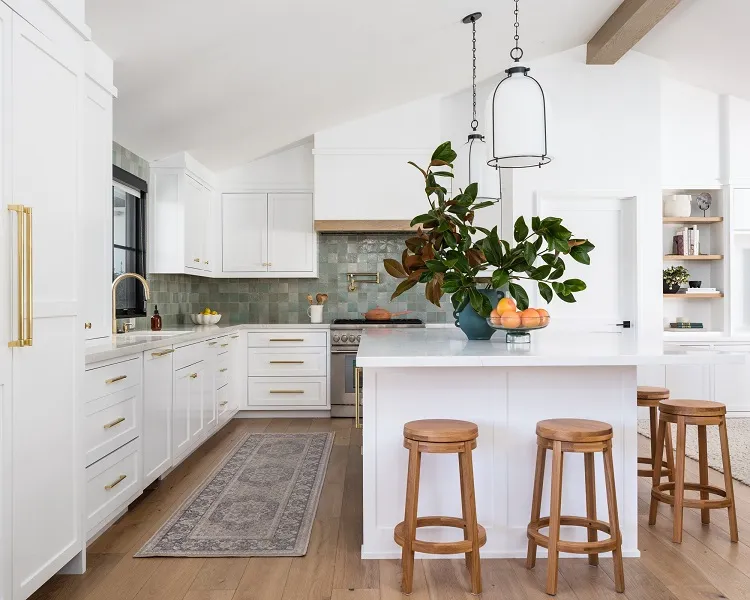 green tile backsplash wooden stools white cabinets pattern runner california cool kitchen