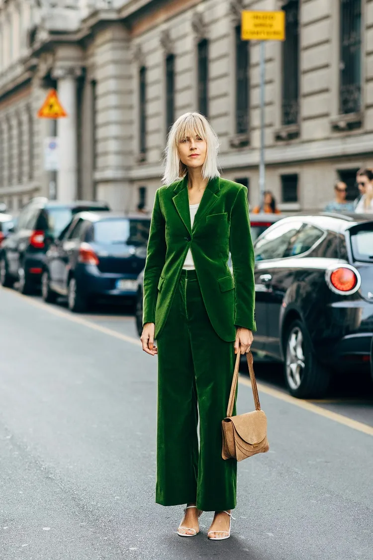 green velvet two piece trouser suit for women milan fashion week