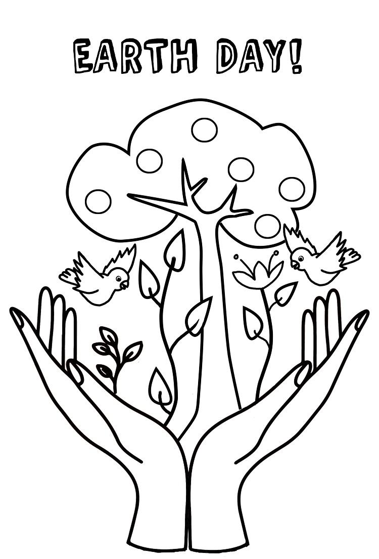hands holding trees birds chirping earth day coloring page
