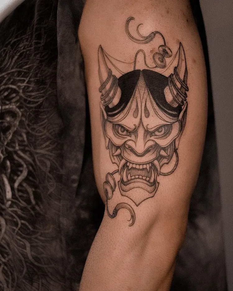 hannya black gray traditional japanese tattoo single needle outline minimalist