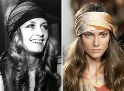 hippie style 70s inspired hairstyle long hair with a hair scarf
