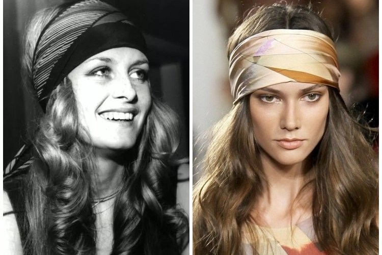 hippie style 70s inspired hairstyle long hair with a hair scarf