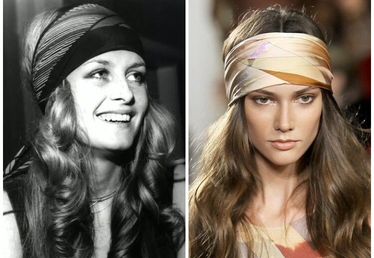 hippie style 70s inspired hairstyle long hair with a hair scarf