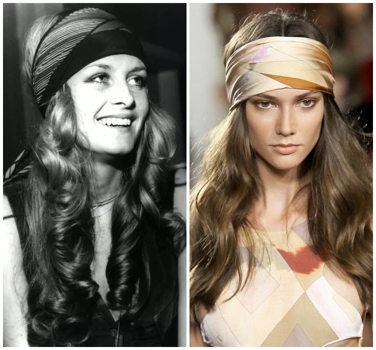 hippie style 70s inspired hairstyle long hair with a hair scarf
