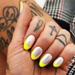 holographic powder base yellow neon french tip oval nail shape