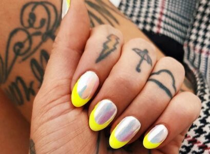 holographic powder base yellow neon french tip oval nail shape