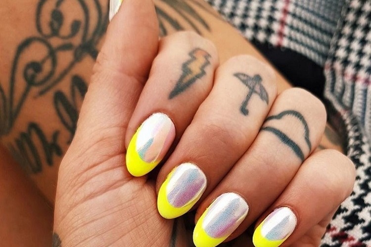holographic powder base yellow neon french tip oval nail shape
