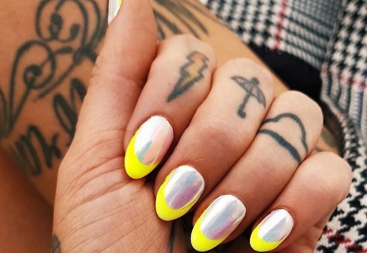 holographic powder base yellow neon french tip oval nail shape