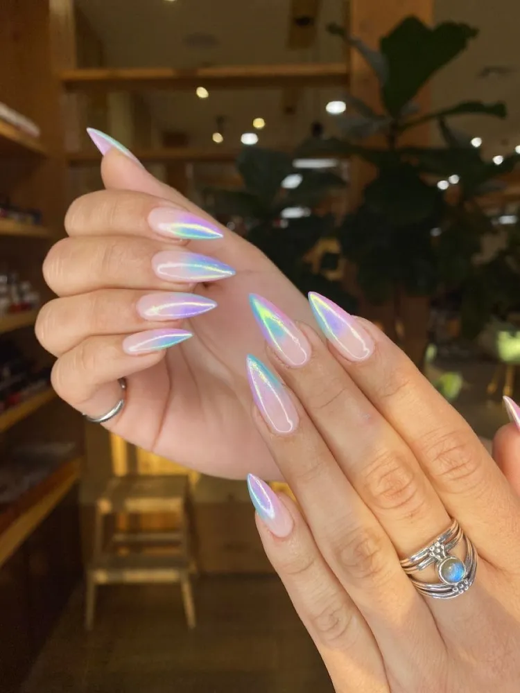 holographic rainbow unicorn nails long stiletto shape clear base ombre tip