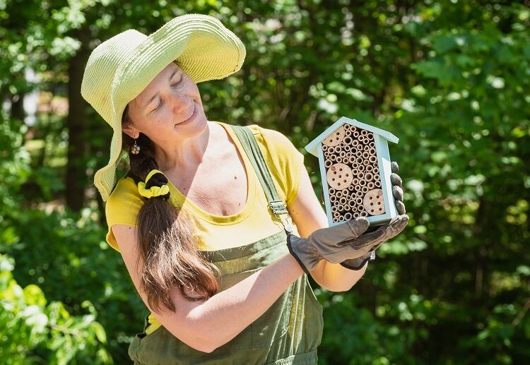 gardener is holding a house for bees