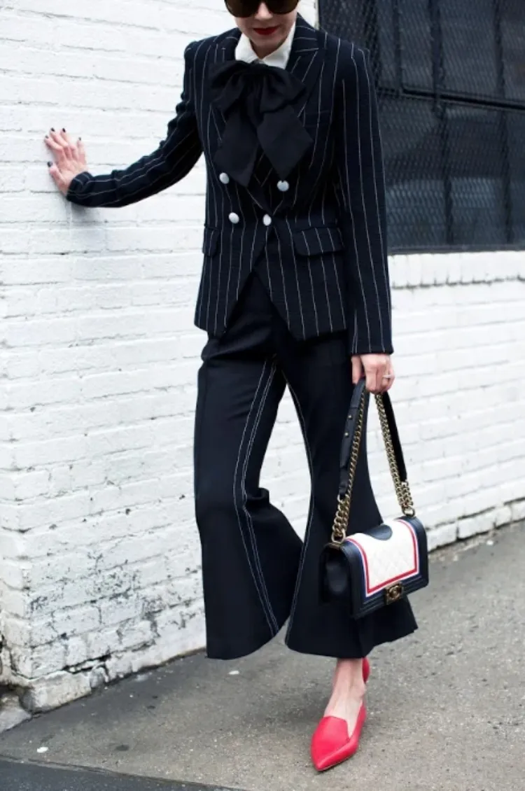 karl lagerfeld chanel inspired female tailored suit red flats striped blazer navy outfit