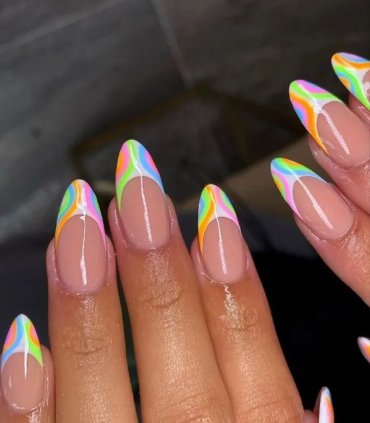 long almond shape nails colorful abstract drawings neon french tips