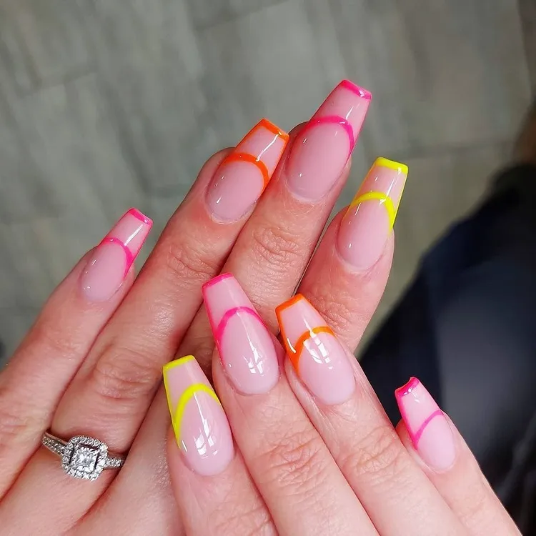 long ballerina shape nails minimalist orange pink yellow double neon french tips