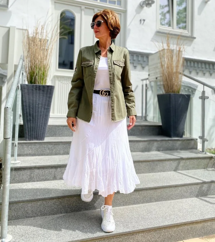 long white skirt, shoes and t shirt long sleeved green shirt