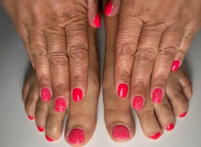 matching coral vibrant hot pink neon manicure pedicure sugar texture top coat
