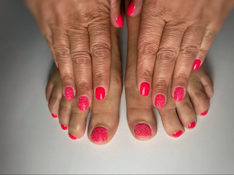 matching coral vibrant hot pink neon manicure pedicure sugar texture top coat