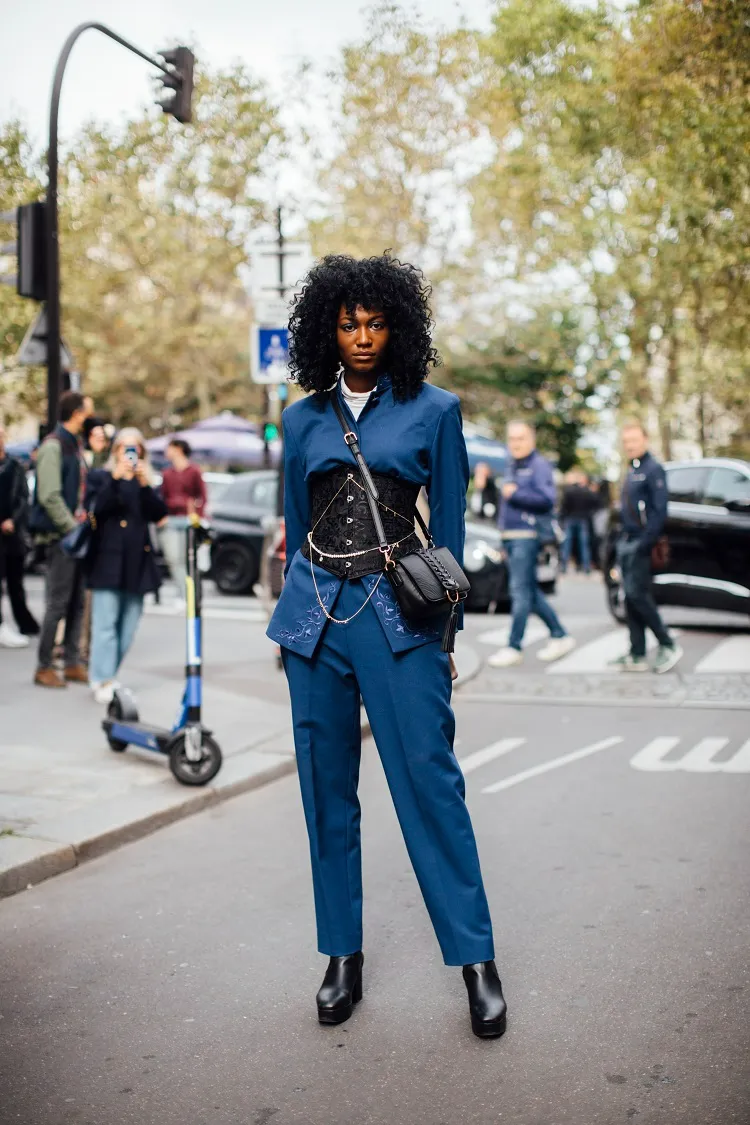 matching two piece blue suit underbust vintage black corset outfit ideas