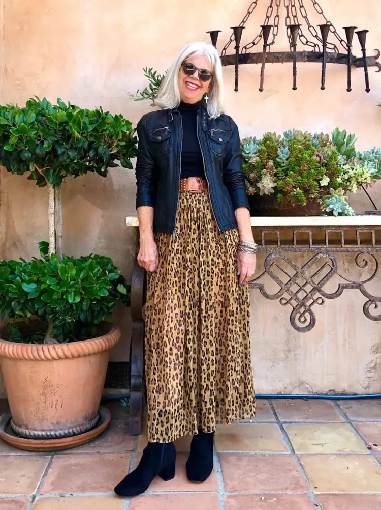 maxi skirt leopard print black leather jacket women over 50
