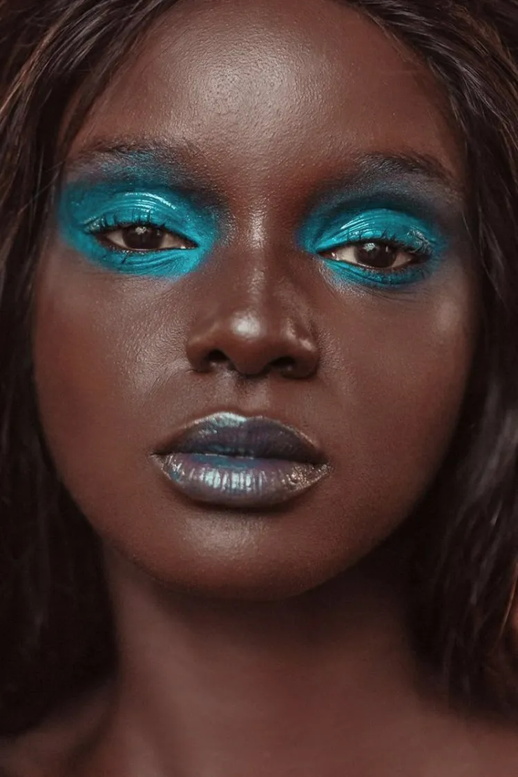mermaid look blue tinted lip wet overdone blue smokey eye coachella makeup 2023