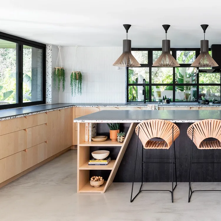 mid century inspired black white wooden california cool kitchen terrazzo stone