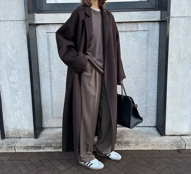 minimalist brown cozy oversized outfit adidas samba old money shoes