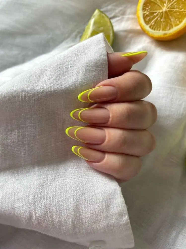 minimalist yellow double french tip long oval nail shape