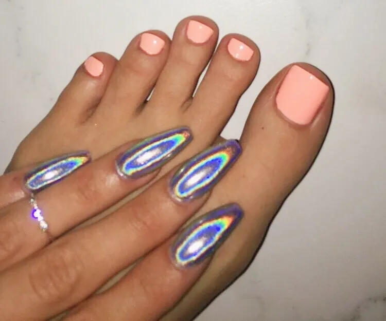 mismatched manicure pedicure holographic chrome nails pastel peach color toenails