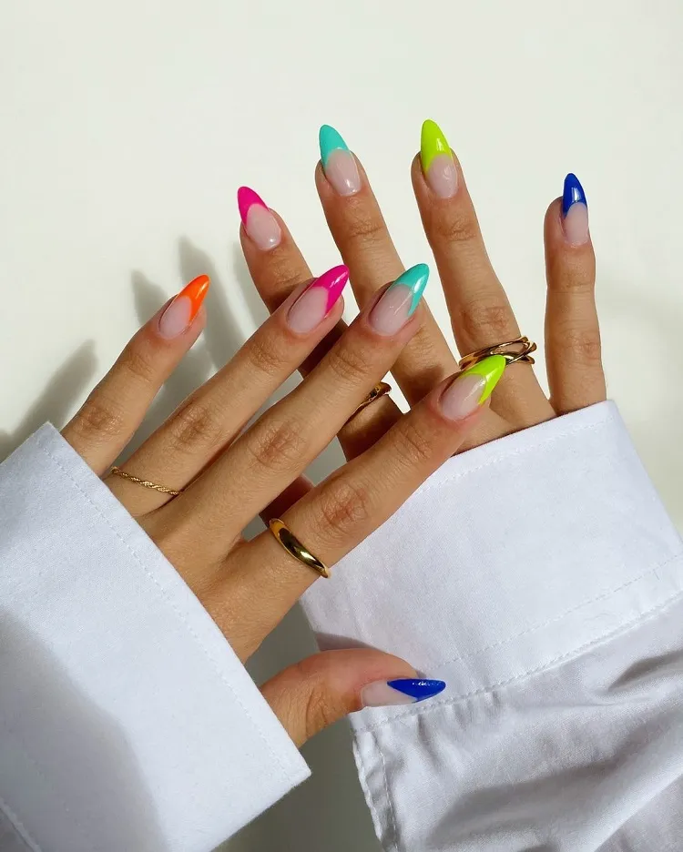 mismatched multi color neon french tips long almond nail shape