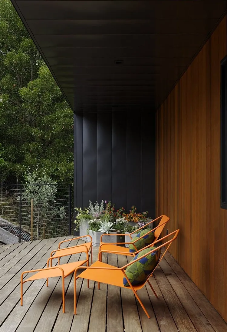 modern outdoor decoration bold orange colors metal chair big planters patio decor ideas