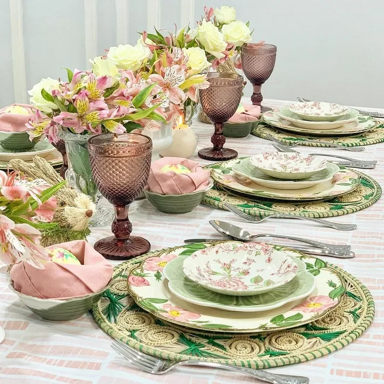 modern tablescape easter table setting 2023 trendy ideas floral elements pink glasses