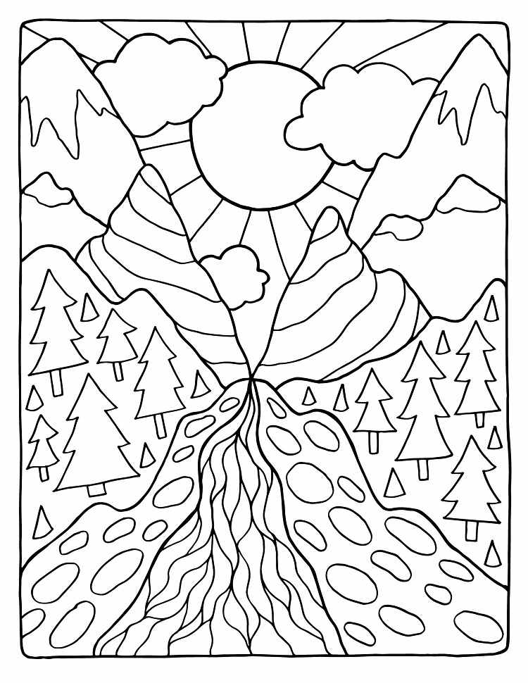mountain pass nature plants greenery sun clouds landscape earth day coloring page