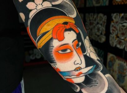 namakubi traditional japanese tattoo half sleeve design vibrant colors high contrast